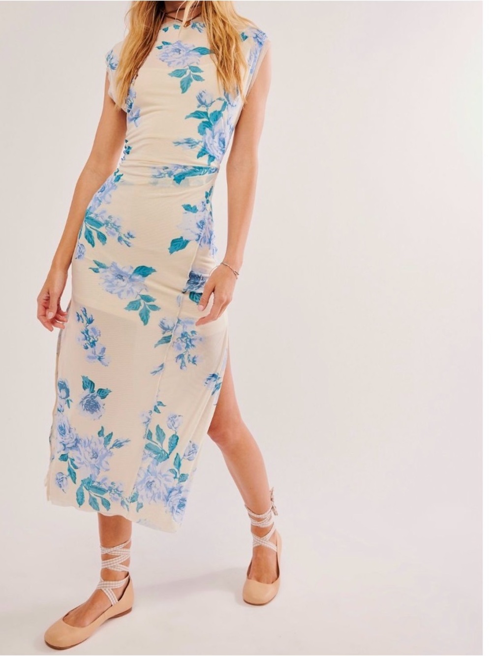 Free People Cream Midi Dress with Blue Floral Motif